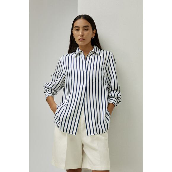 LILYSILK Oversized Palma Stripe Silk Button Down Shirt, Size Small, White & Blue - Picture 13 of 16